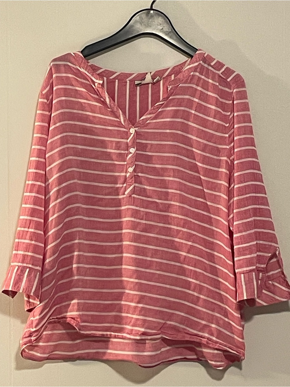 St. John's Bay Pink and White Striped Henley Blouse. Item # 11554